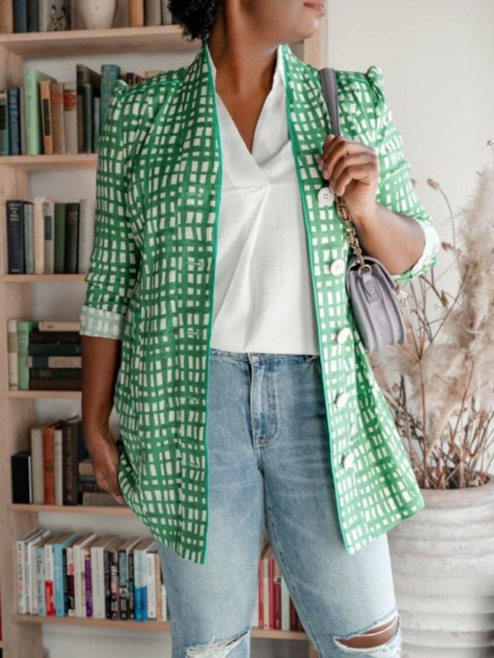 Cabi Circuit Jacket green line check print stretch linen walking coat mid-length